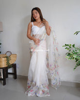 Light Flower Cream Color Pure Organza Saree